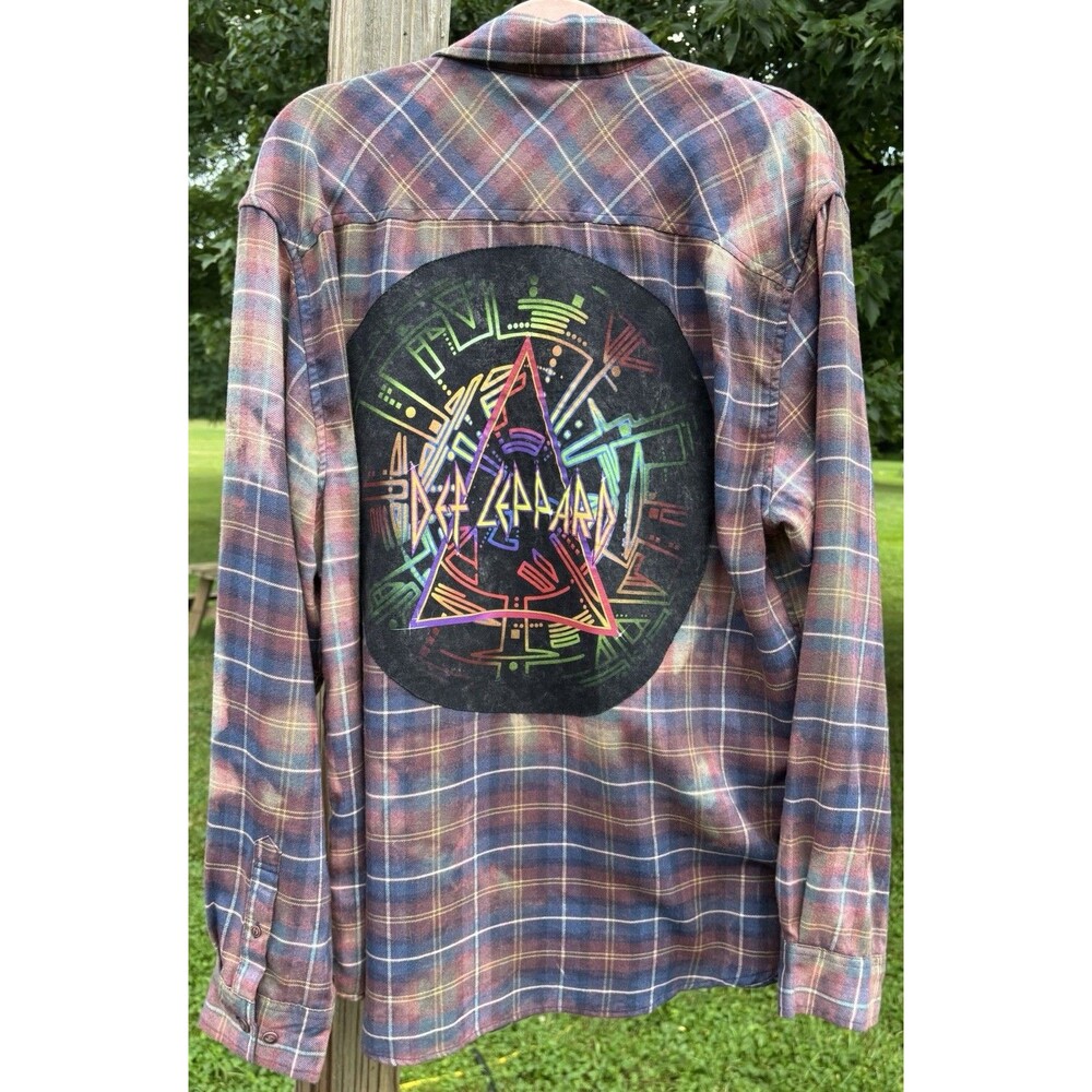 Upcycled Bleached Def Leppard Button up Flannel Shirt Men’s Size X Large Unisex
